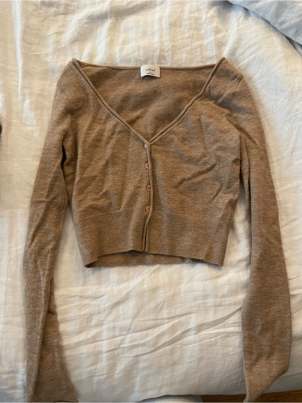 Wilfred Neutral Tan Cropped V-Neck Button Cardigan